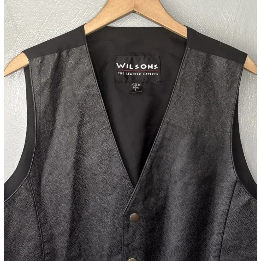 Wilsons Black 100% Leather Vest Men Size Large Snap Waistcoat Biker Western Goth
